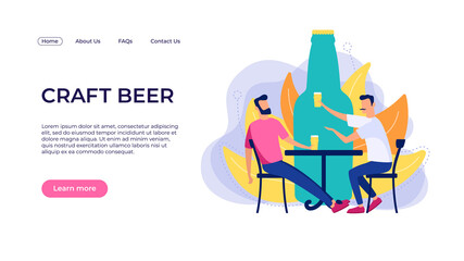 Craft beer landing page concept. Vector template with two men holding craft beer glasses drinking in  pub. Giant bottle background. Flat style illustration poster.