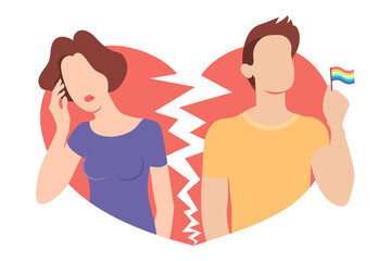 Divorce in the family, a guy with a rainbow flag and a sad girl on the background of a broken heart. Breaking up a relationship due to sexual orientation. The couple break up because the man is gay.