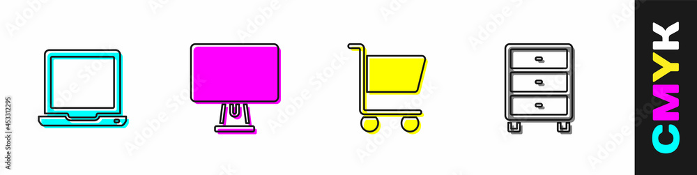 Poster set laptop, computer monitor, shopping cart and archive papers drawer icon. vector