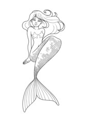Graphic sitting mermaid isolated on white background