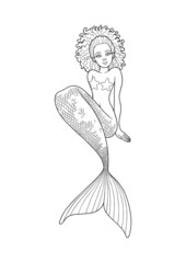 Graphic sitting african mermaid isolated on white background