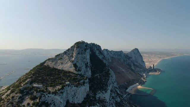 Aerial drone close up view the Rock of Gibraltar on a beautiful sunny day