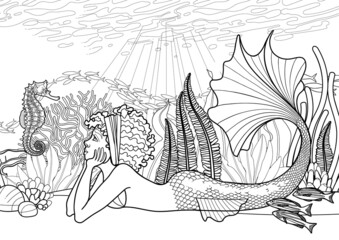 Graphic african mermaid lies at the ocean sandy bottom among the coral reef plants and fish