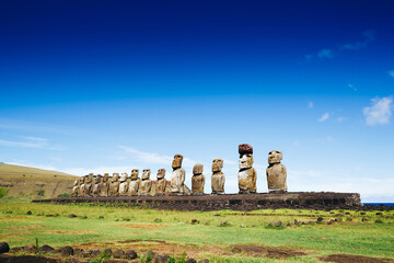 The most famous ancient moai of Ahu Togariki, on Easter Island, Chile