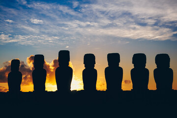 Easter island with Moai at sunset