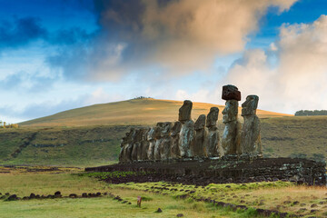 Moais statues on Ahu Tongariki - the largest ahu on Easter Island. Chile