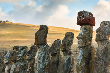 Moais statues on Ahu Tongariki - the largest ahu on Easter Island. Chile