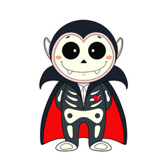 Happy Halloween. Cute skeleton. Cartoon character on Halloween monster vampire Count Dracula in a black and red cape and fangs. A bloodthirsty man. Vector illustration on a white background.