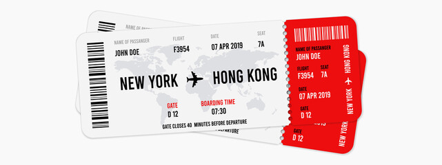 Realistic airline tickets design with passenger name. illustration - obrazy, fototapety, plakaty
