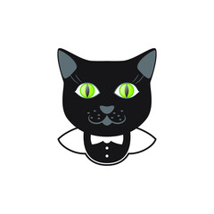 Black cat with green eyes in a tuxedo suit with a bow tie. Head, portrait, avatar, icon, symbol, image, element, logo. Isolated vector illustration on white background