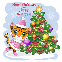 Cartoon tiger in a hat, fur coat, skating near the Christmas tree. Children's style, sweetheart. The symbol of the New Year 2022. Greeting