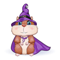 Cartoon hamster wearing a purple witch hat and cloak. Halloween poster