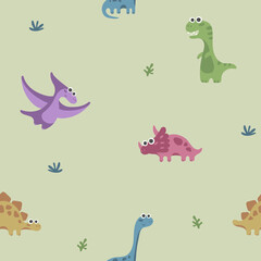 Seamless pattern with dinosaurus, dino, with grass on green background. Vector illustration, print for packaging, fabrics, wallpapers, textiles.