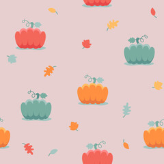 Seamless pattern with ginger, red, orange, green pumpkin and autumn leaves on pink background. Vector illustration, print for packaging, fabrics, wallpapers, textiles.