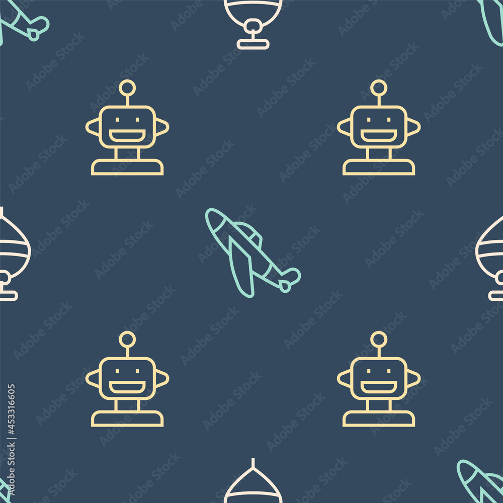 Poster set line whirligig toy, robot and toy plane on seamless pattern. vector