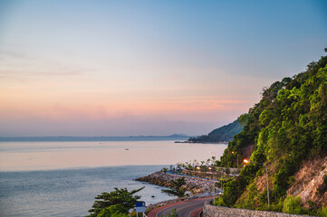 Beautiful seascape view with the mountain and sunset at noen nangphaya viewpoint chanthaburi thailand.