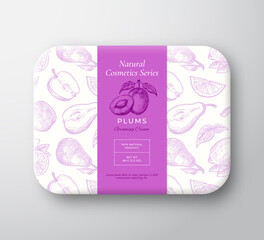 Plums Bath Cosmetics Package Box. Abstract Vector Wrapped Paper Container with Label Cover. Packaging Design. Modern Typography and Hand Drawn Fruits Background Pattern Layout. Isolated