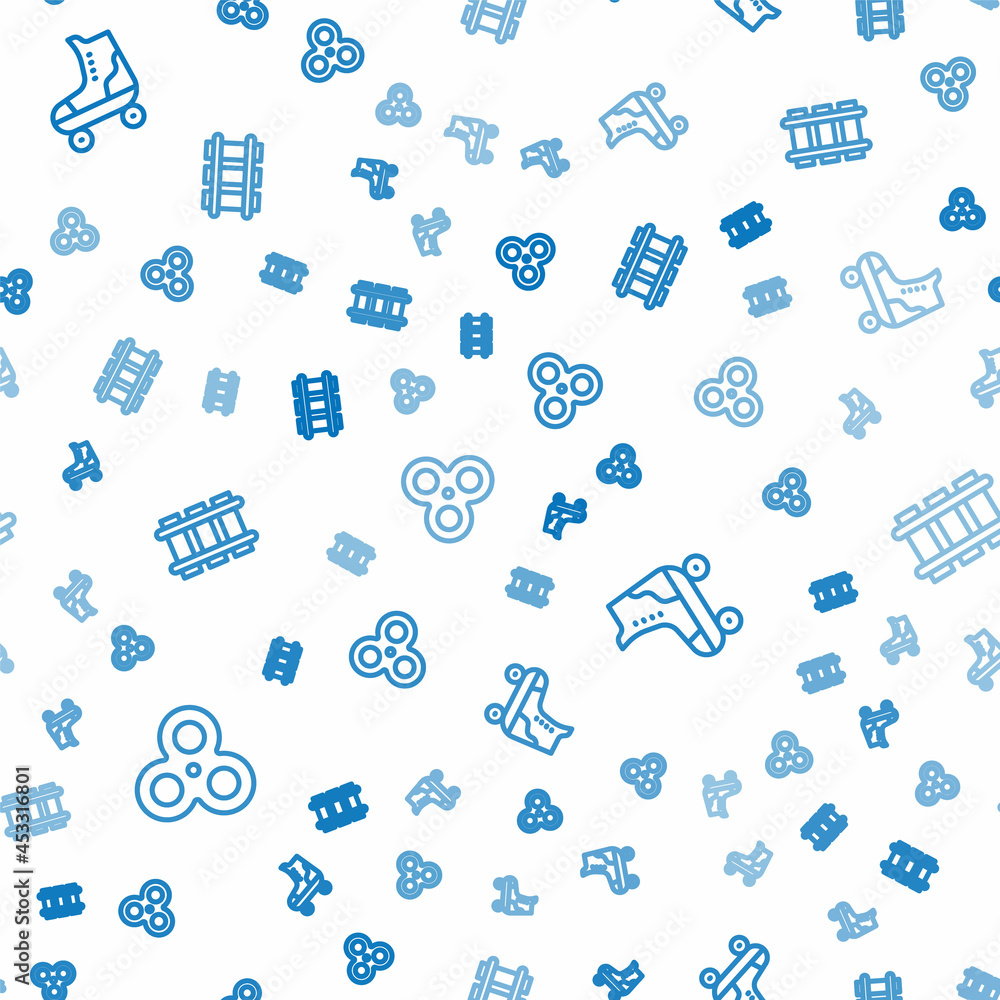 Poster set line fidget spinner, roller skate and toy railway on seamless pattern. vector