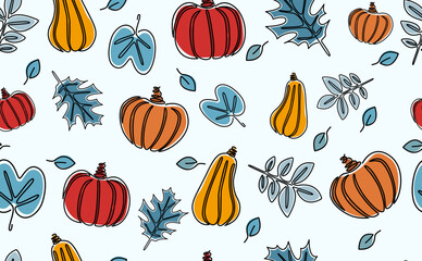 seamless pattern with leaves and pumpkins, vector illustration