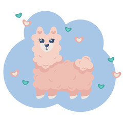 Cute pink Llama with hearts, vector illustration