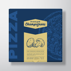 Pizza with Champignon Mushrooms Realistic Cardboard Box Mockup. Abstract Vector Packaging Design or Label. Modern Typography, Sketch Food and Color Paper Background Layout. Isolated