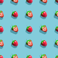 Trendy sunlight Summer pattern made with whole and sliced strawberry on light blue  background. Minimal summer concept. Plasticine 3D illustration. seamless pattern for print