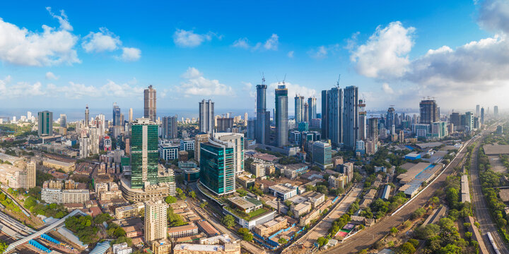 Aerial panoramic view Mumbai's Lower Parel skyline, with Worli, Prabhadevi, Elphinstone, Dadar and Bandra also visible.