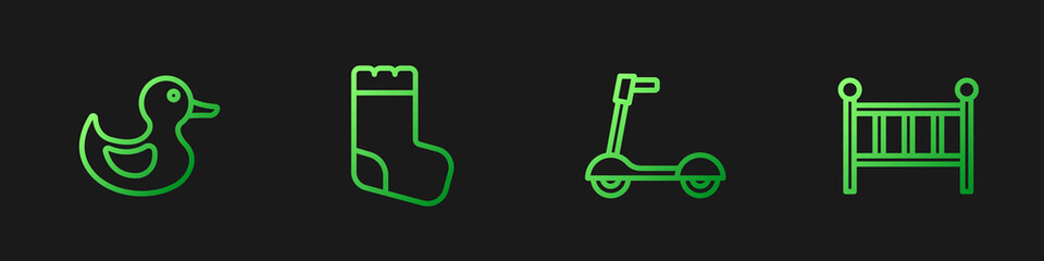 Set line Roller scooter, Rubber duck, Baby socks and crib cradle bed. Gradient color icons. Vector © Vadim