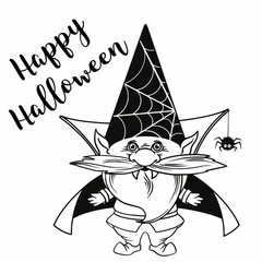 Gnome for halloween linear, pumpkin Potions Spider web and spider, trick or treat, design for thanksgiving day, cartoon spooky dwarf Vector line art for printable greeting cards and coloring pages