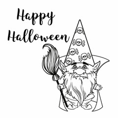 Gnome for halloween linear, pumpkin Potions Spider web and spider, trick or treat, design for thanksgiving day, cartoon spooky dwarf Vector line art for printable greeting cards and coloring pages