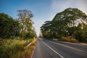 Naklejka premium Beautiful road with morning fog in the rural of nan city thailand.