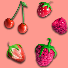 Sweet fruits icon set. strawberry,  raspberry, cherry, red plasticine art objects, 3D illustration