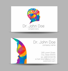 Vector Colorful Business Card Kid Head Modern logo Creative style. Human Child Profile Silhouette Design concept for Company Brand. Rainbow color isolated on gray background - 453317861