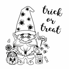 Gnome for halloween linear, pumpkin Potions Spider web and spider, trick or treat, design for thanksgiving day, cartoon spooky dwarf Vector line art for printable greeting cards and coloring pages