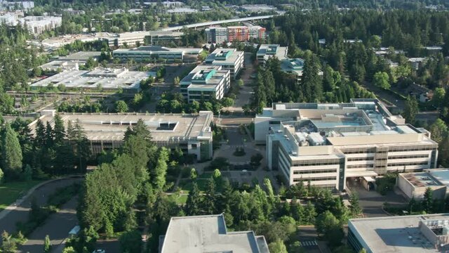 Aerial: Microsoft Campus in Redmond, Seattle, Washington, USA