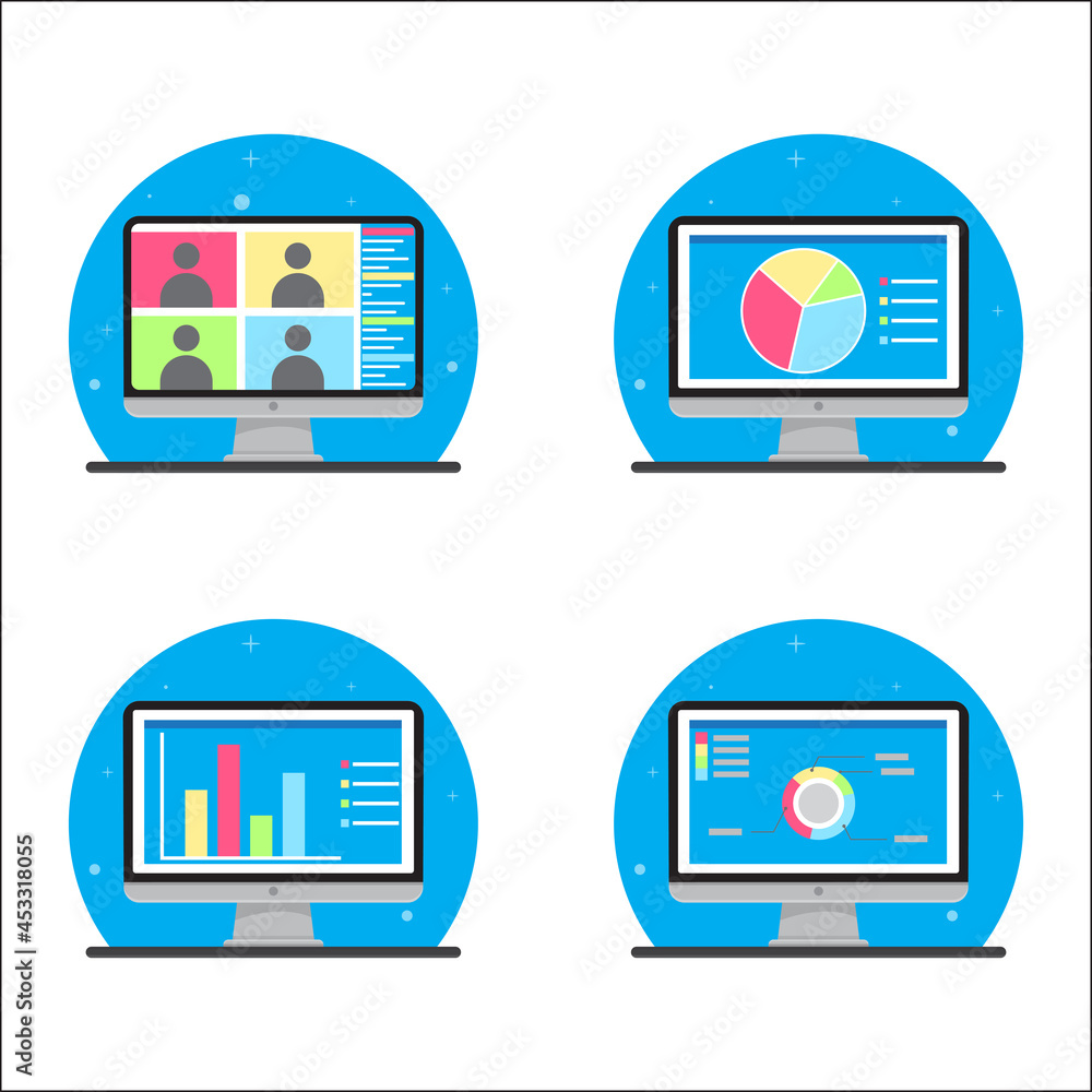 Poster Vector illustration of a desktop monitor showing presentation data in a flat design. suitable for illustration, web and application