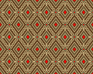 Beige Green Tribe or Ethnic Seamless Pattern on Brown Background in Symmetry Rhombus Geometric Bohemian Style for Clothing or Apparel,Embroidery,Fabric,Package Design