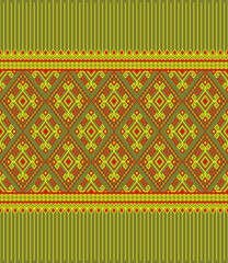 Yellow Red Ethnic or Tribal Seamless Pattern on Green Background in Symmetry Rhombus Geometric Bohemian Style for Clothing or Apparel,Embroidery,Fabric,Package Design