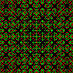 Green Red Tribal or Native Seamless Pattern on Black Background in Symmetry Rhombus Geometric Bohemian Style for Clothing or Apparel,Embroidery,Fabric,Package Design