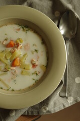 Hot homemade Finnish cream soup with vegetables and trout, served in a simple plate, simple cuisine