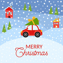 Merry christmas and happy new year illustrations. Greeting card with red retro car with christmas tree