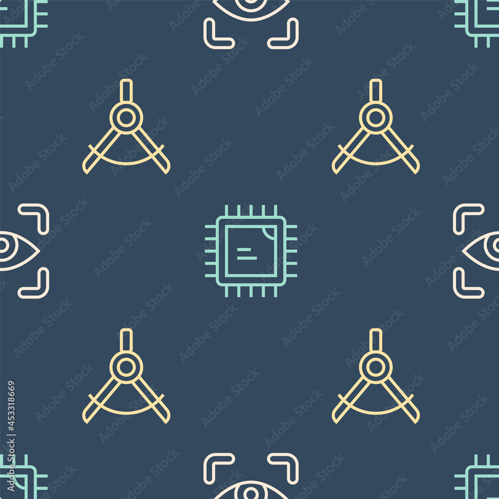 Poster set line eye scan, drawing compass and processor cpu on seamless pattern. vector