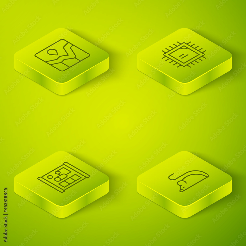 Poster set isometric line processor cpu, graphing paper for engineering, experimental mouse and chart infog