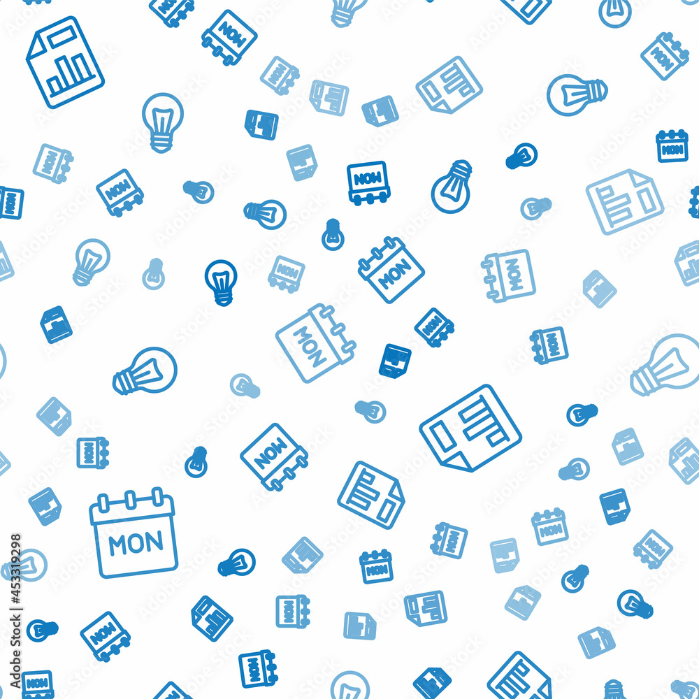 Poster set line calendar, document with graph chart and light bulb on seamless pattern. vector