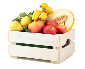Fresh fruits in a wooden box isolated on a white background.