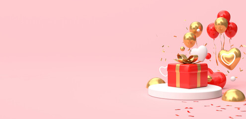 Gift box decoration on clear background, heart shape balloon with copy space, 3D rendering.
