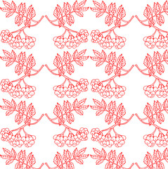 Hand drawn seamless pattern with red viburnum line branch in doodle slyle isolated on white background. Vector illustration.