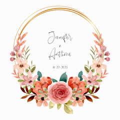Watercolor rose flower wreath with gold circle