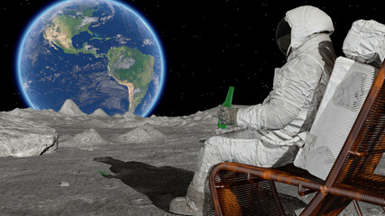 3D rendering. Lunar astronaut drinking beer sitting in easy beach chair on Moon surface, enjoying...