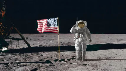 Foto op Canvas 3D rendering. Astronaut saluting the American flag. CG Animation. Elements of this image furnished by NASA. © merlin74